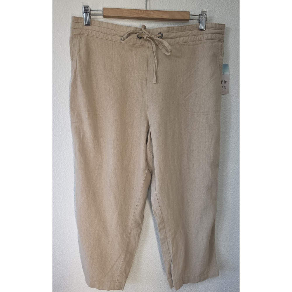 Per Se Women L Tan Linen Capri Pants Solid Casual Coastal Cropped Trousers NWT
